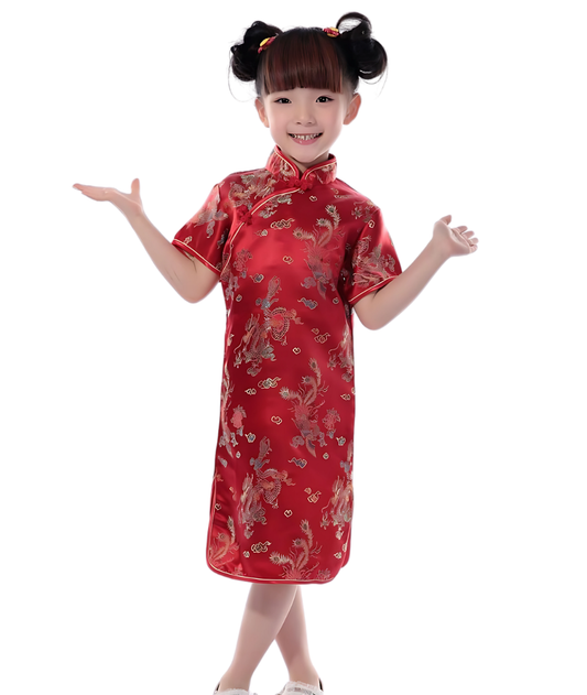 Girls Chinese Dragon Phoenix Qipao Cheongsam Dress wine red-set in Jordan
