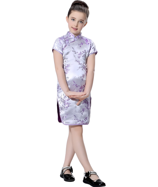 فستان تشيونغسام صيني من زهور الشتاء الحلوة للبنات باللون الأرجواني