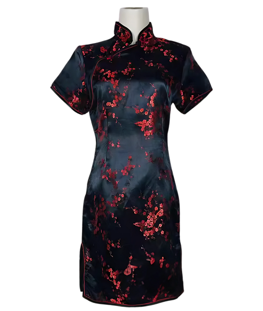 Girls Chinese Wintersweet Blossom Qipao Cheongsam black Dress Red Blossom-set in Jordan