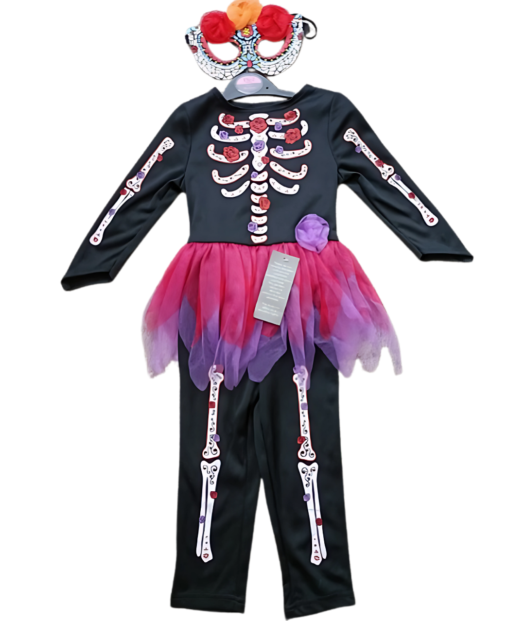 Kids Day Of The Dead Skeleton Halloween Costume Black with Pink and Purple skirt-set in Jordan