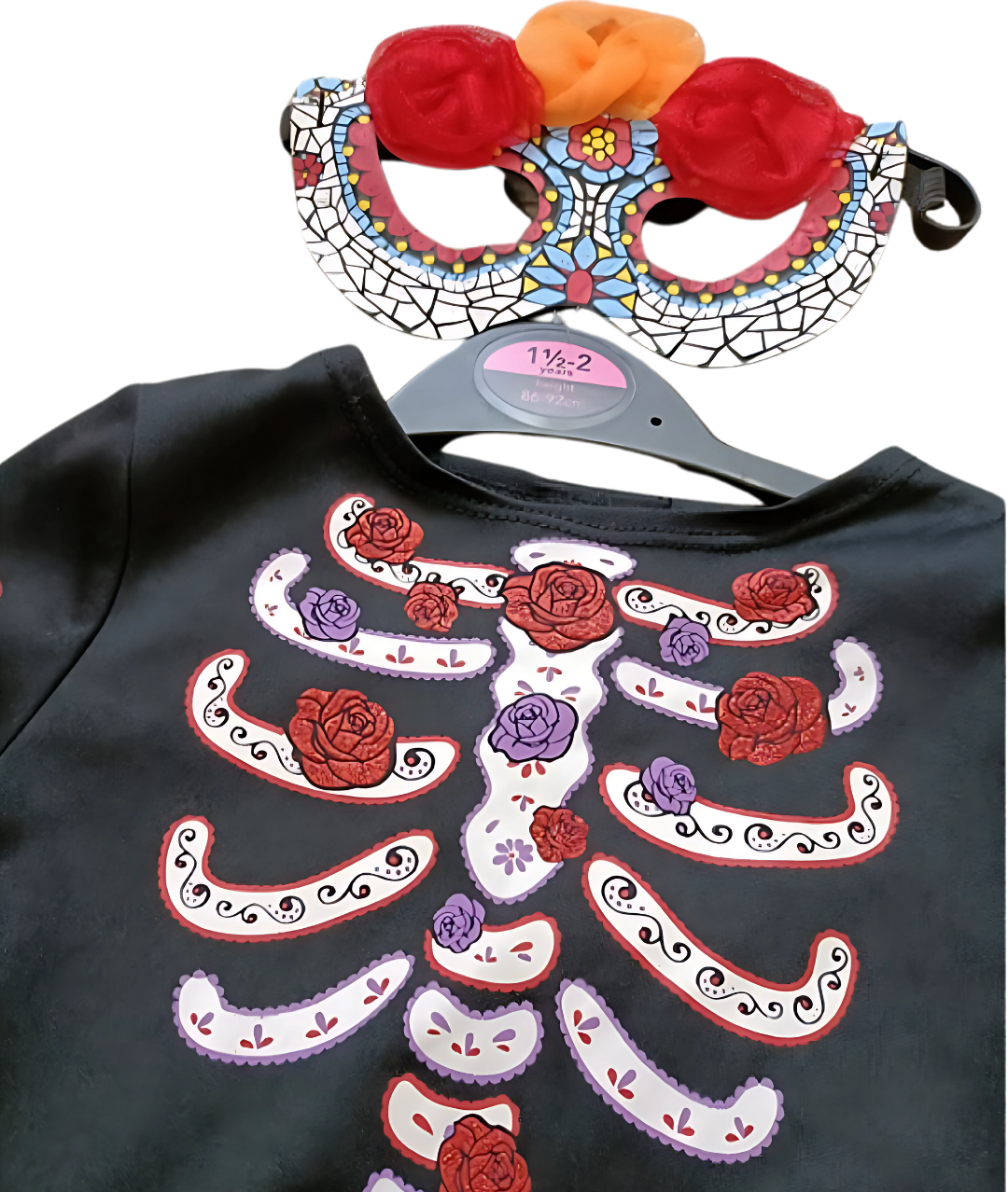 Kids Day Of The Dead Skeleton Halloween Costume Black with Pink and Purple skirt2