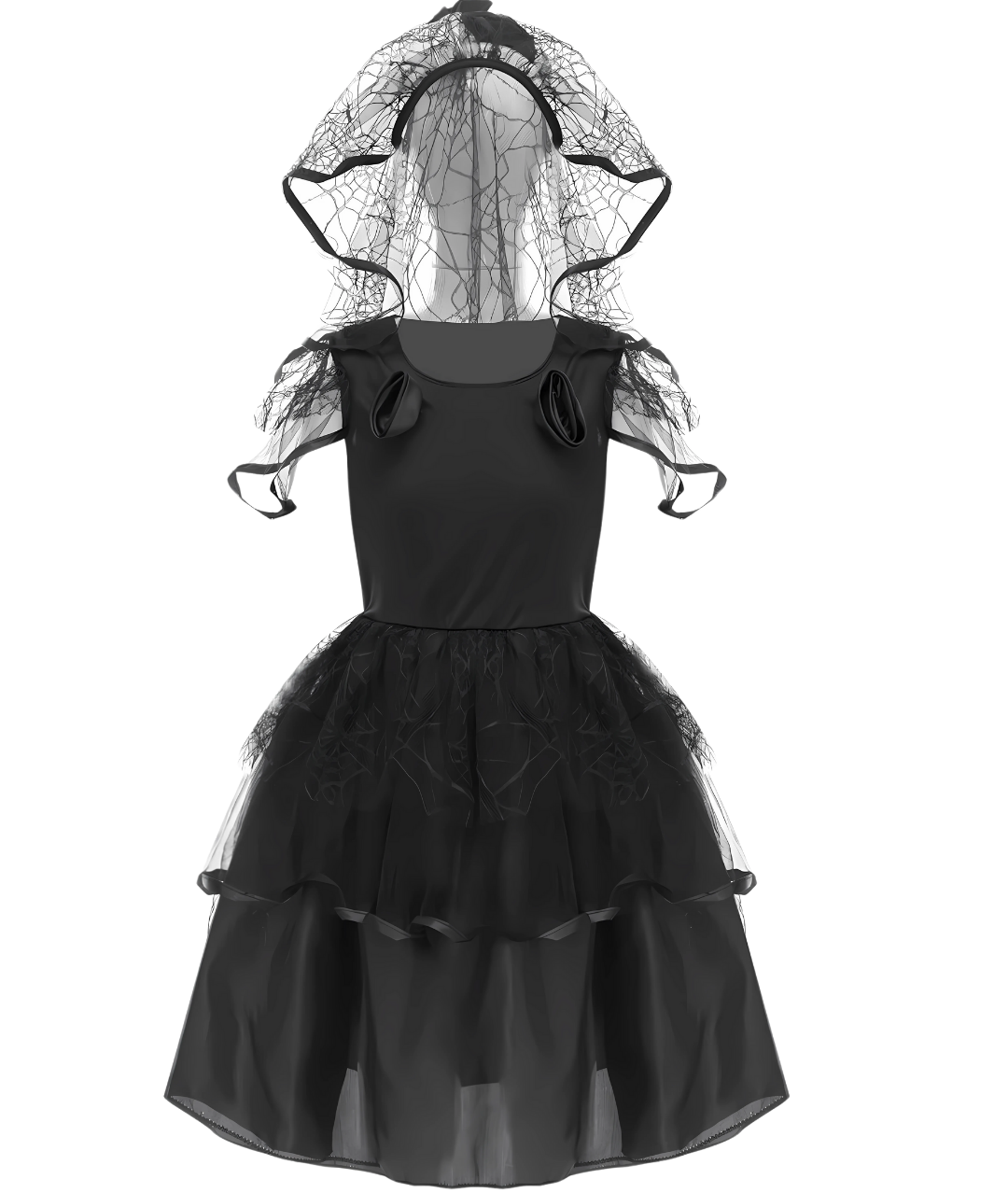 فستان توتو أسود اللون للفتيات الصغيرات على شكل عروس شبحية زي تنكري للهالوين مع غطاء للرأس