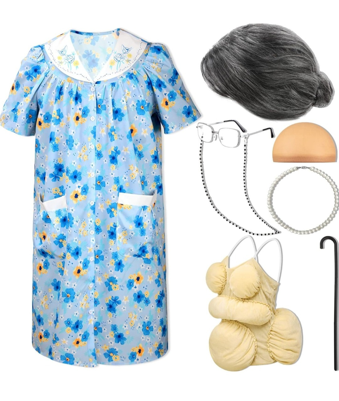 Old Lady Costume Set Blue Short Sleeve Robe Granny Cosplay Party FANTASIA Costume Shop Old Lady Costume Set Blue Short Sleeve Robe Granny Cosplay Party FANTASIA Costume Shop