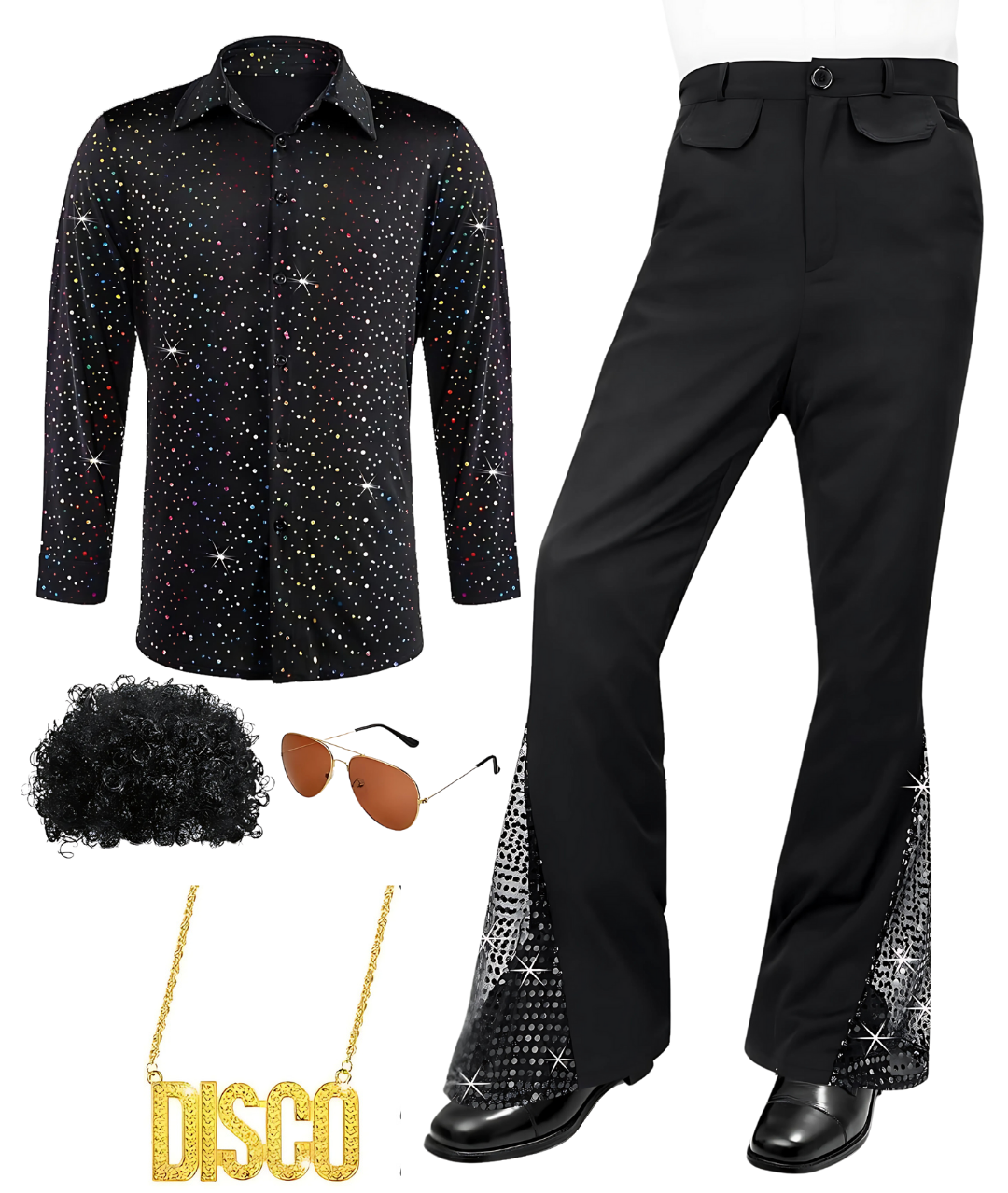 Men's 70s Disco Costume Set Shirt Disco Sequin Pants Wigs Necklace Sunglasses for Disco Party2