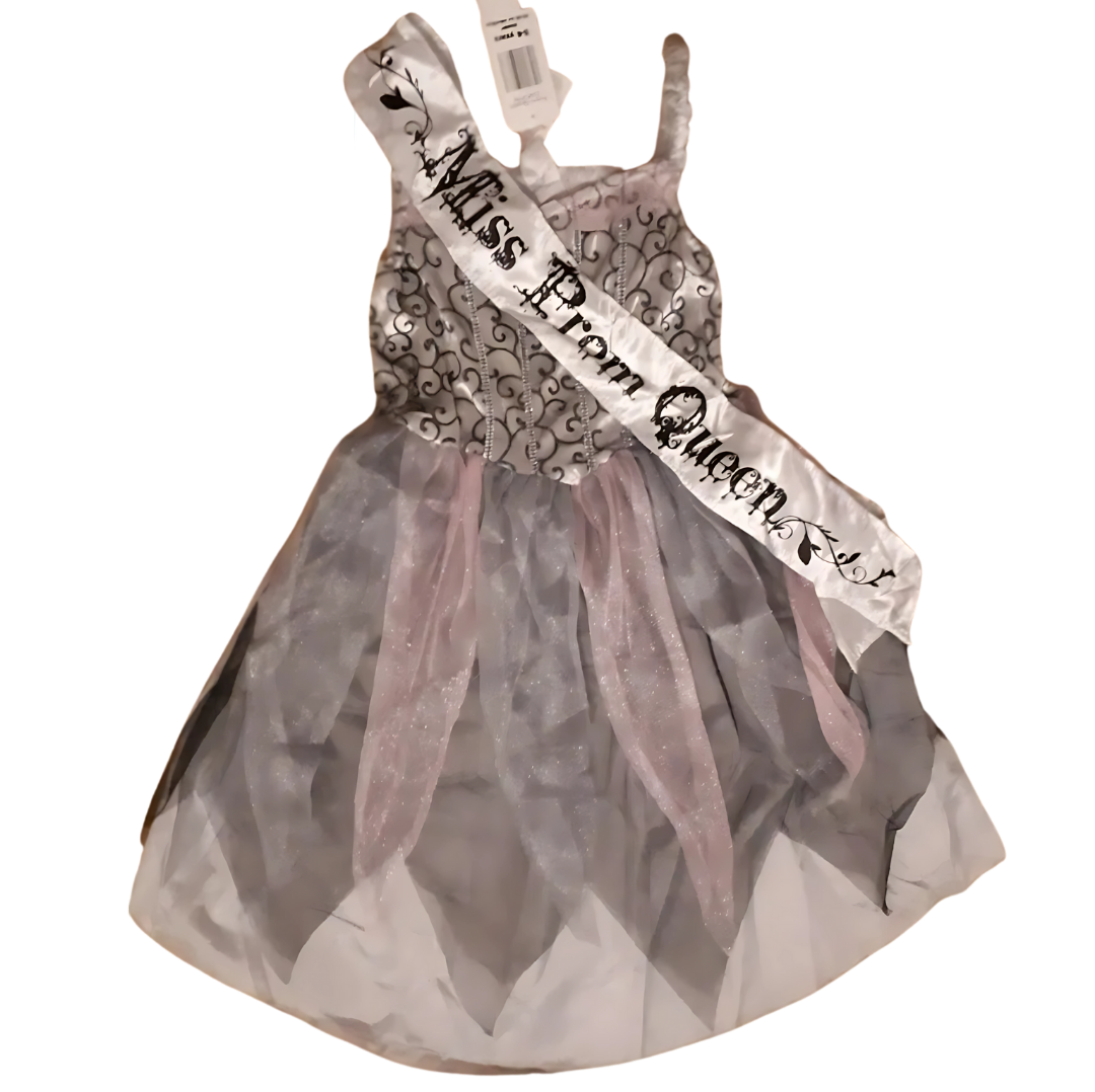 Girls Fright prom Queen Pageant Halloween Fancy Dress Costume pink and grey
