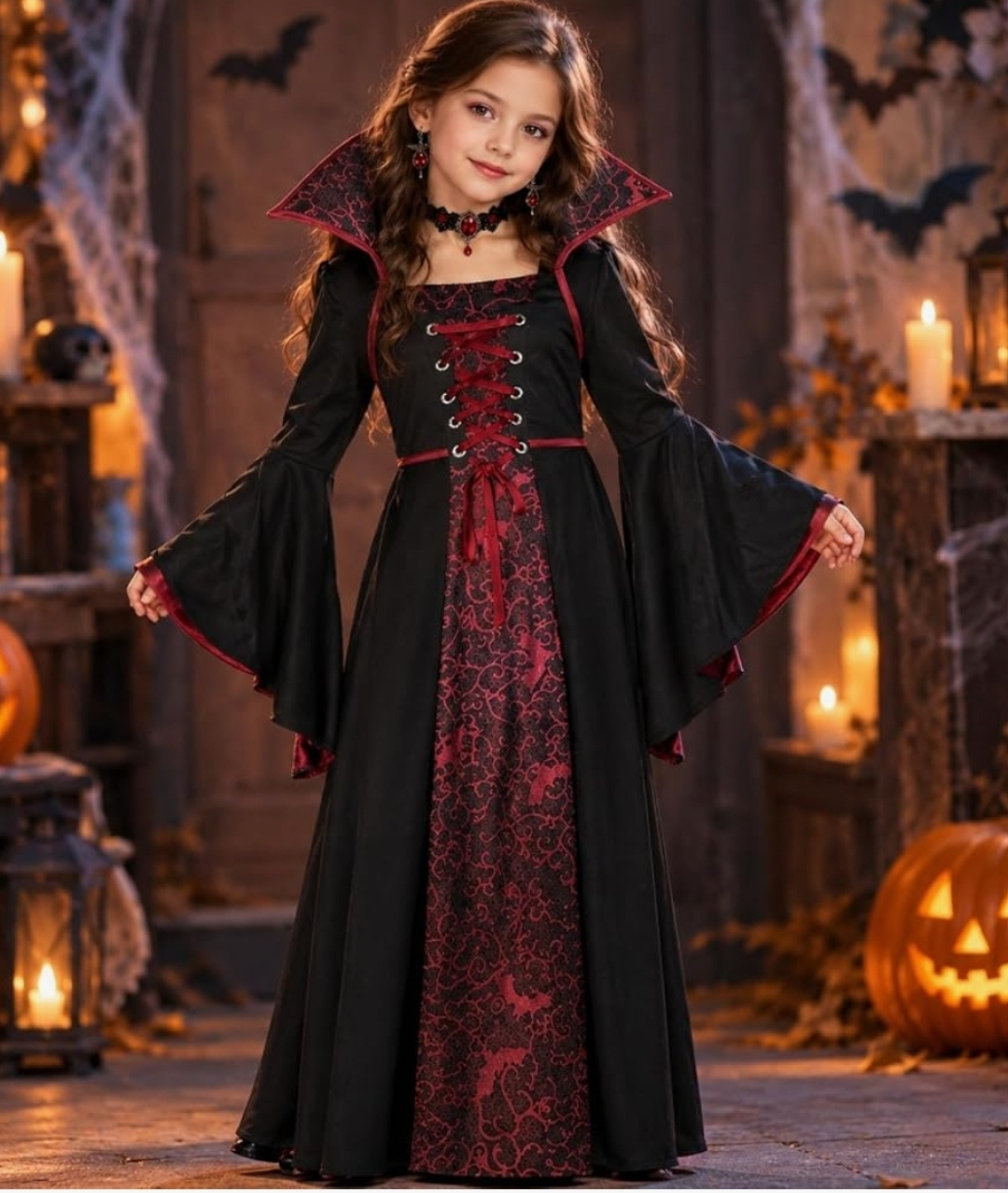 Vampire Costume Girls, Halloween Vampire Costume Set with Choker Necklace Earrings Halloween Fancy Dress Cosplay for Halloween Party