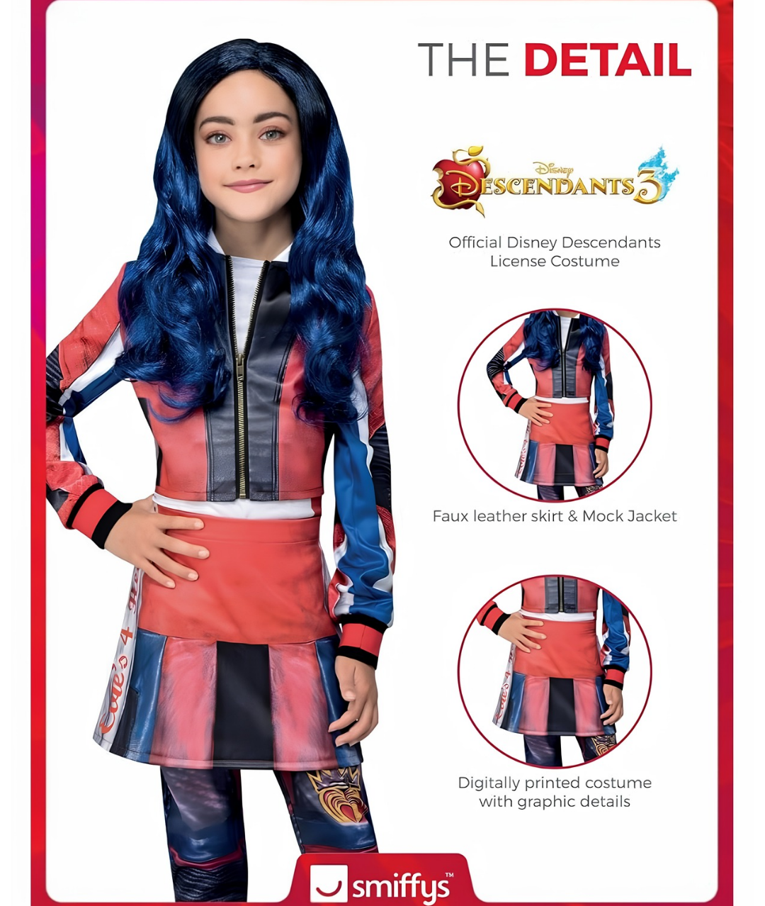 Smiffys Disney Descendants Evie Costume for Kids, All-in-One Mock Jacket and Skirt, Red and Blue, Officially Licensed with Printed Heart Details