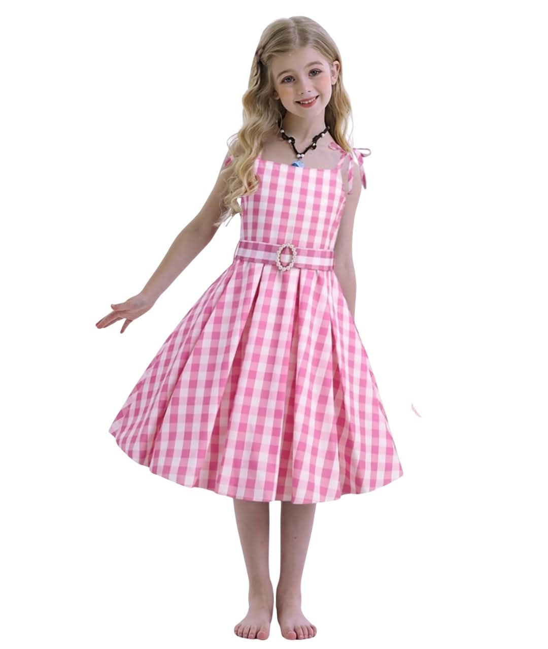 Girls Barbie Sleeveless Pink Plaid Dress