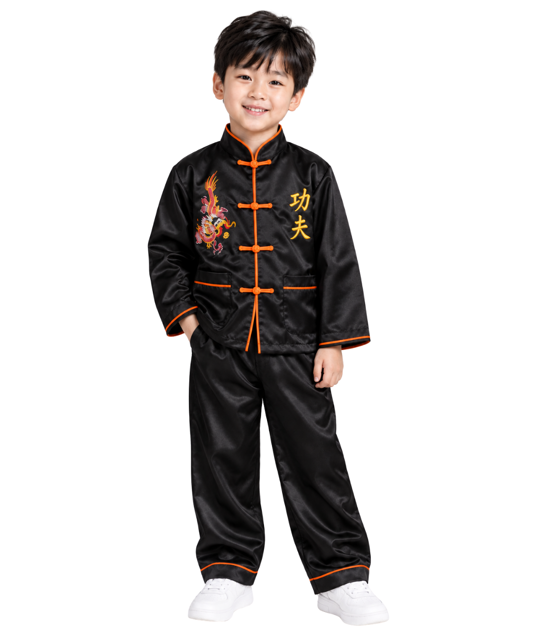 Chinese Kung Fu Tai Chi Uniform Outfit Dragon Embroidery Kids black and Orange