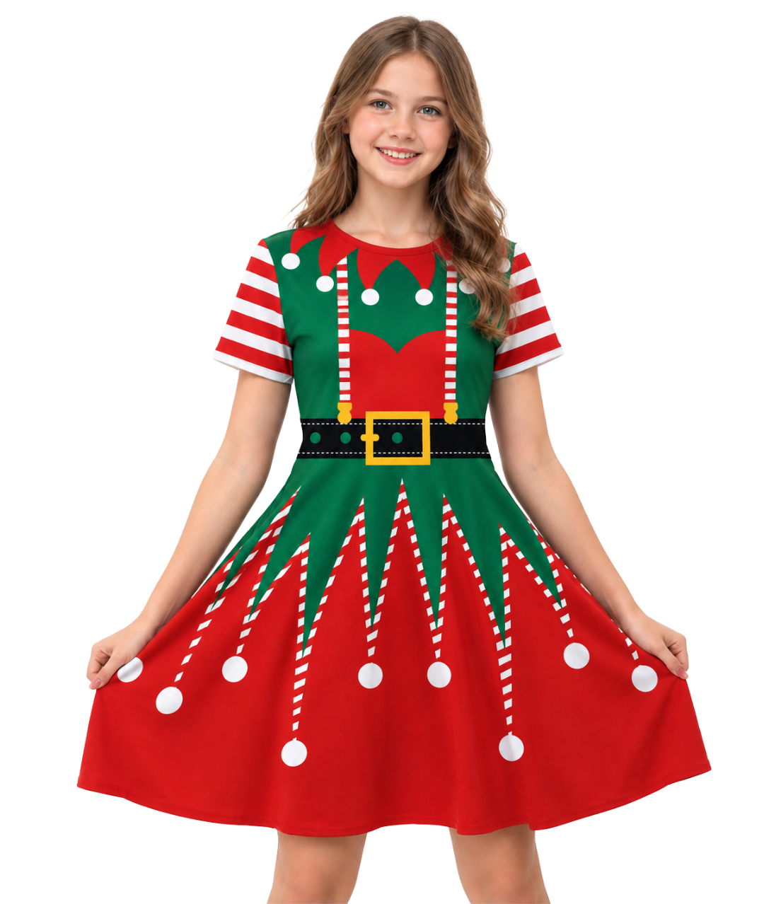 Women's Christmas Printed Party Elf Dress Swing A Line Ugly Short Sleeve Costume