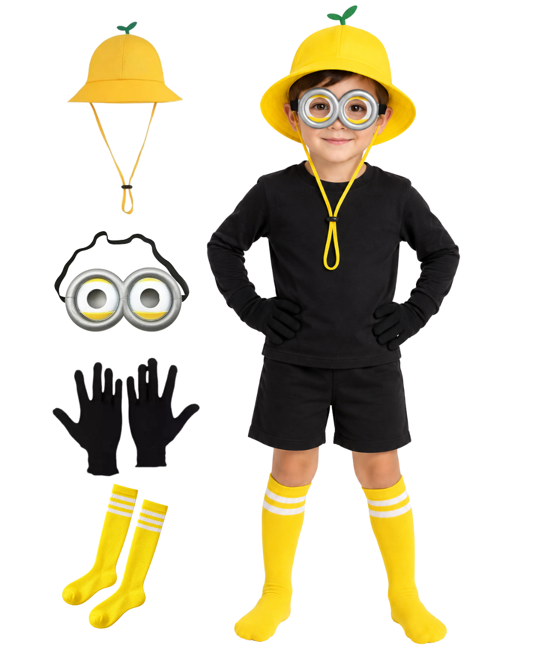 Minions Cosplay Costume Kids Party Cute Summer Sun Hat Glove glasses, and socks