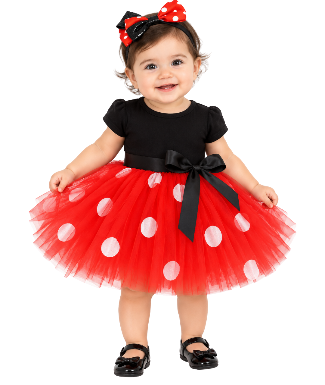 Minnie Costume Fancy Dress Up with Mouse Ears Bow Hair Hoop for Kids Girls, Halloween Birthday Party Mini Dots Tulle Skirt