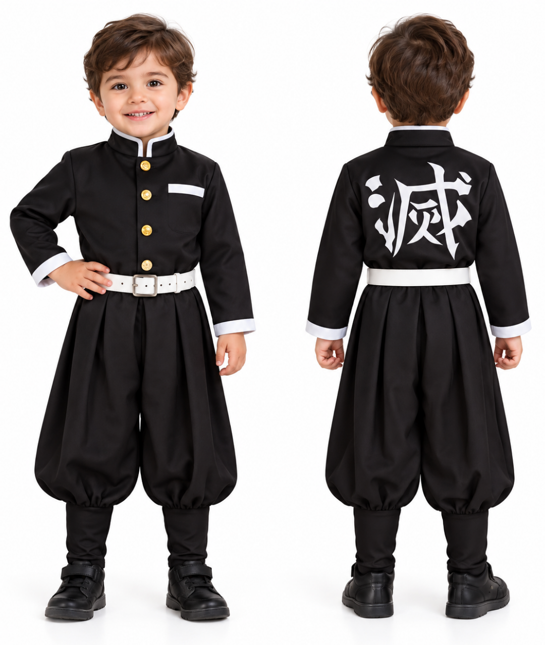 Demon Slayer Uniform Anime Cosplay Costume for Tanjirou Zenitsu Giyuu Kyoujurou Shinobu Obanai Black Suit with Belt, Gold Button