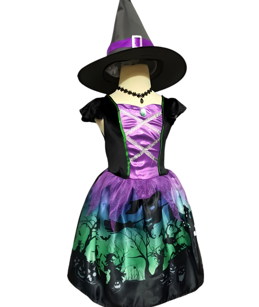 Kids Witch  fancy Costume Sorceress Dress with Hat