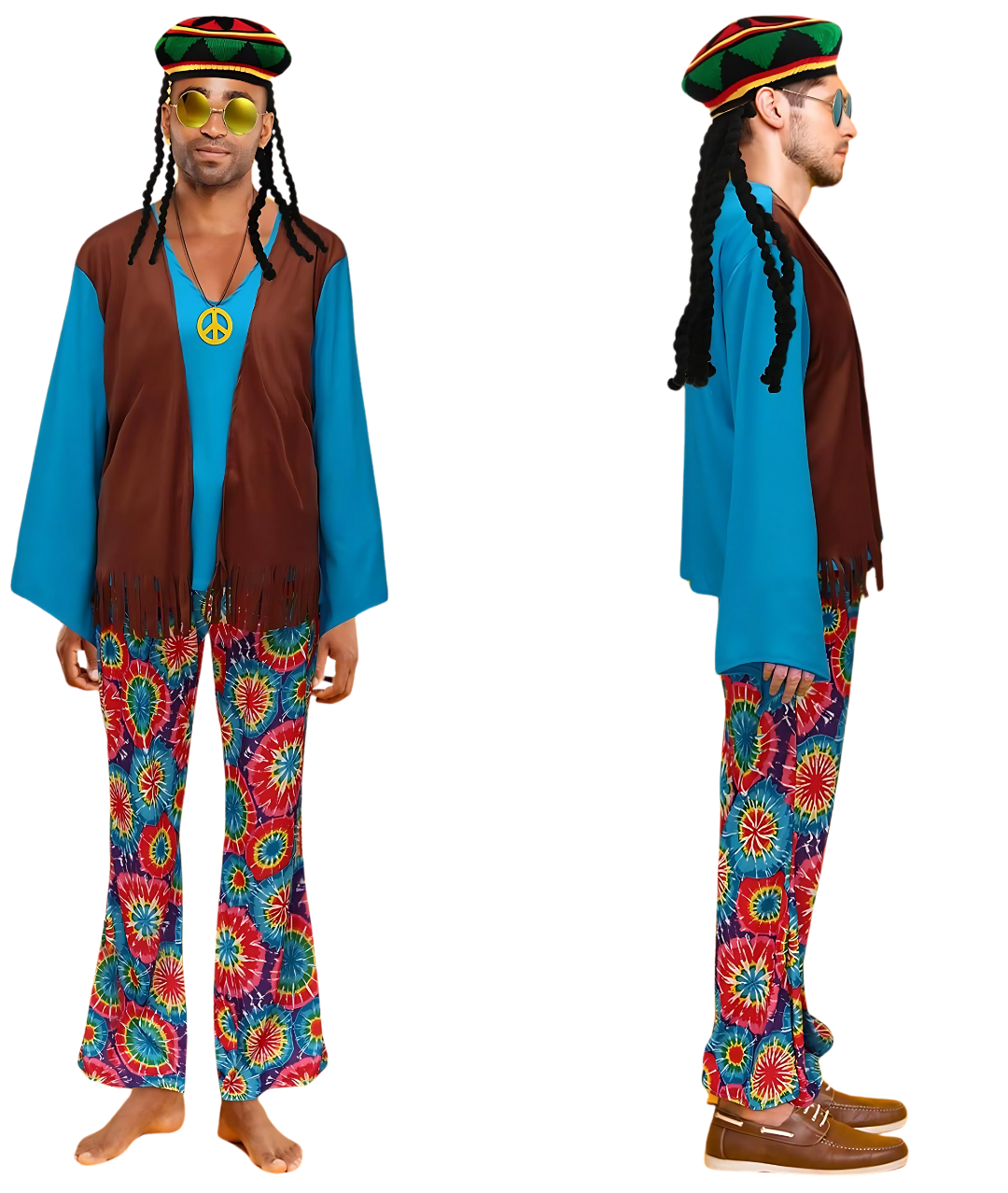 60s 70s Hippie Costume for Men Hippie Pant Shirt Faux Vest Rasta Hat with Dreadlocks-set in Jordan