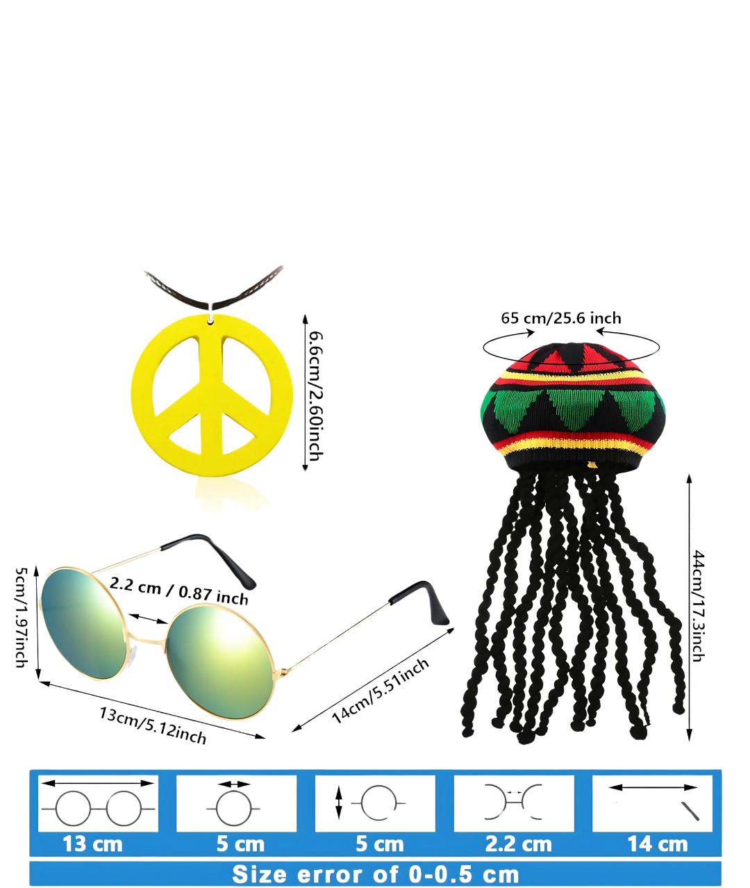 60s 70s Hippie Costume for Men Hippie Pant Shirt Faux Vest Rasta Hat with Dreadlocks2