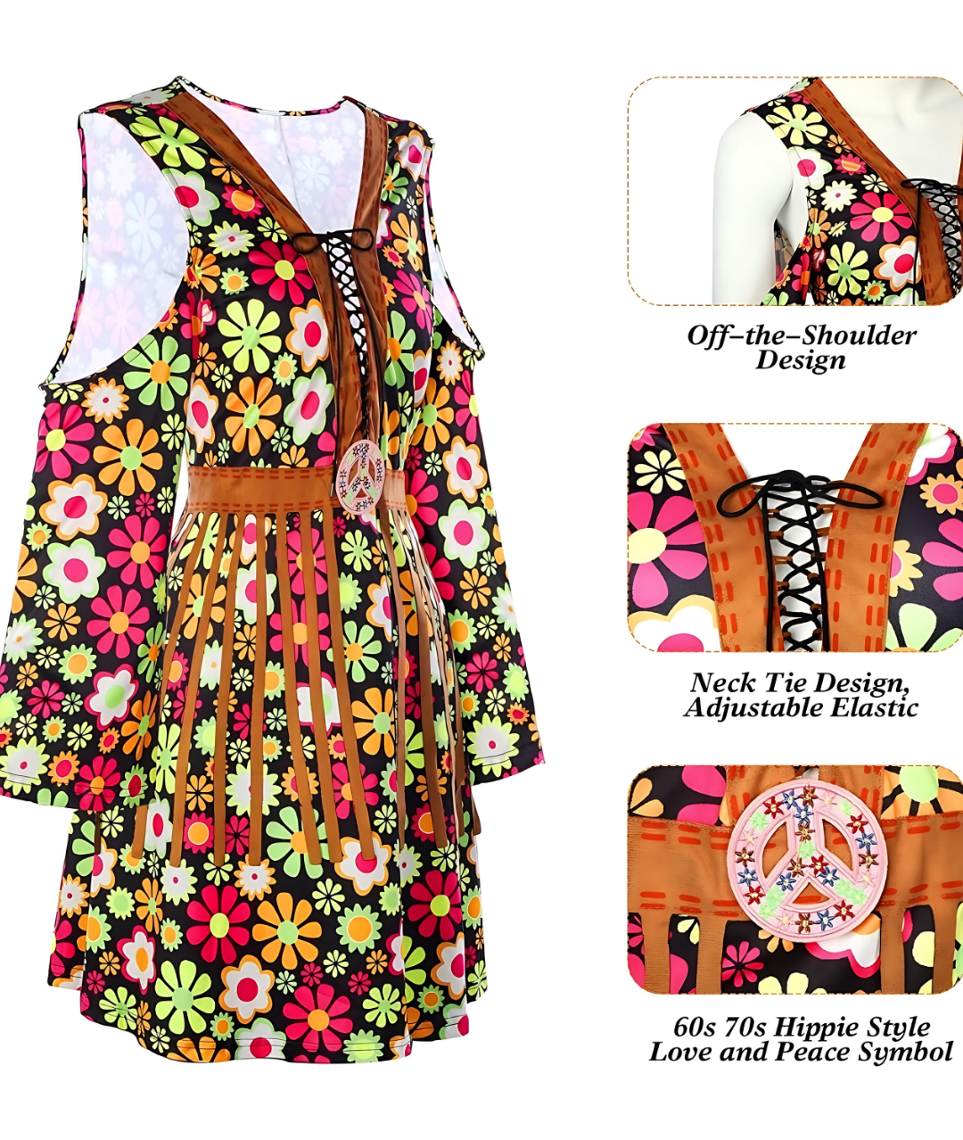 60s 70s Women Hippie Costume with Dress for Halloween3