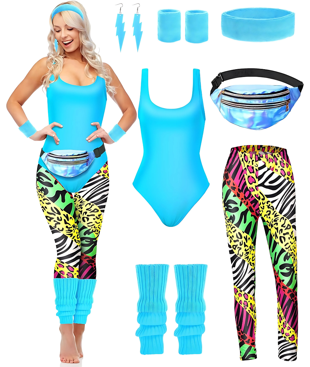80s Lets Get Physical Costume Ladies Sport Exercise Leotard Fancy Dress Outfit Blue and multi color2