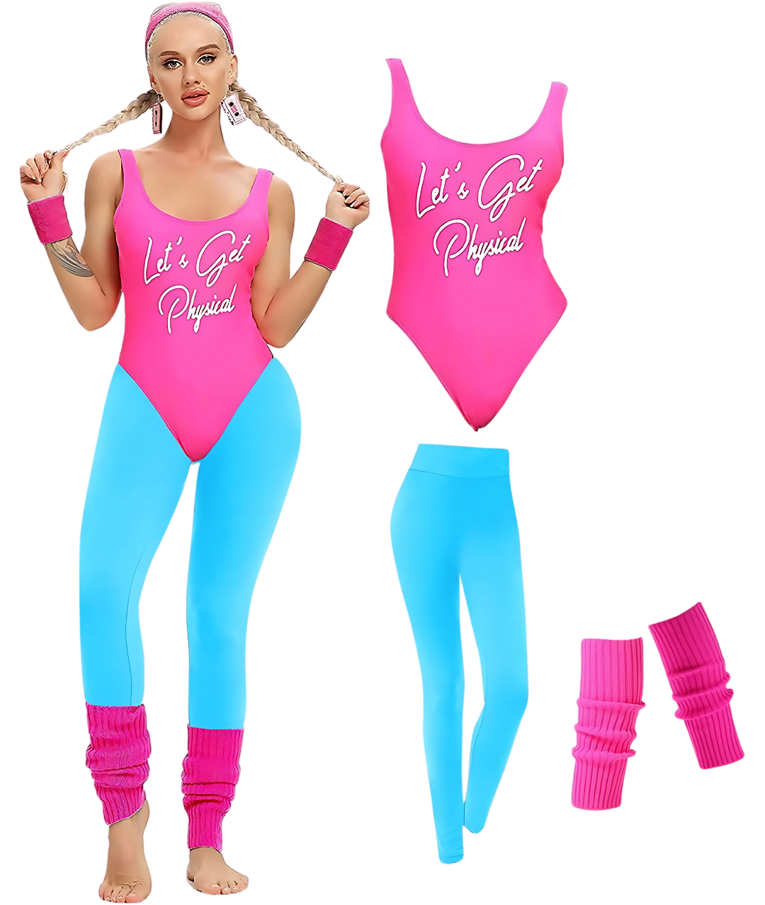 80s Lets Get Physical Costume Ladies Sport Exercise Leotard Fancy Dress Outfit Pink and blue-set in Jordan
