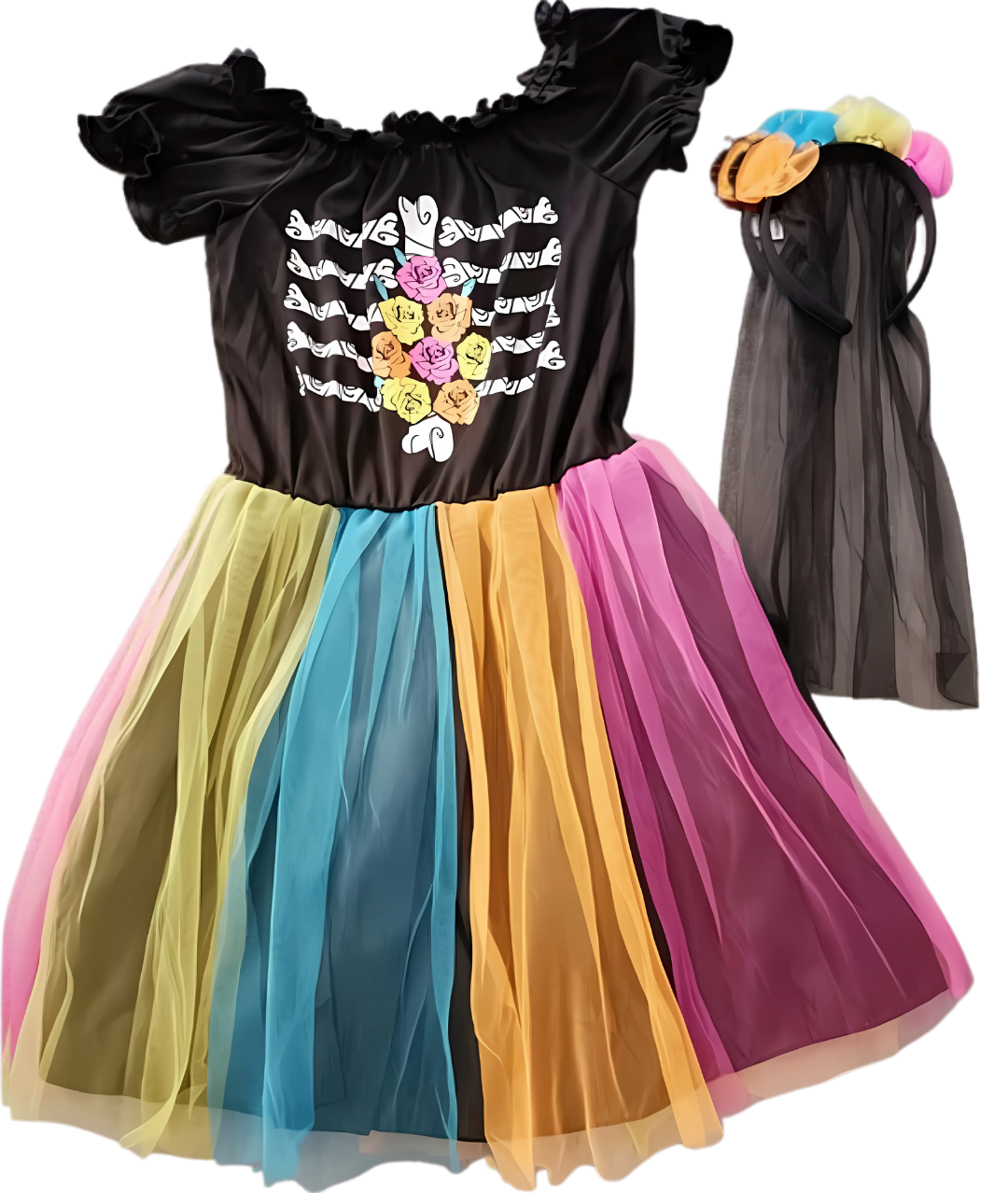 Girls Punky Skeleton Costume, Funky Bones Fancy Dress for Halloween