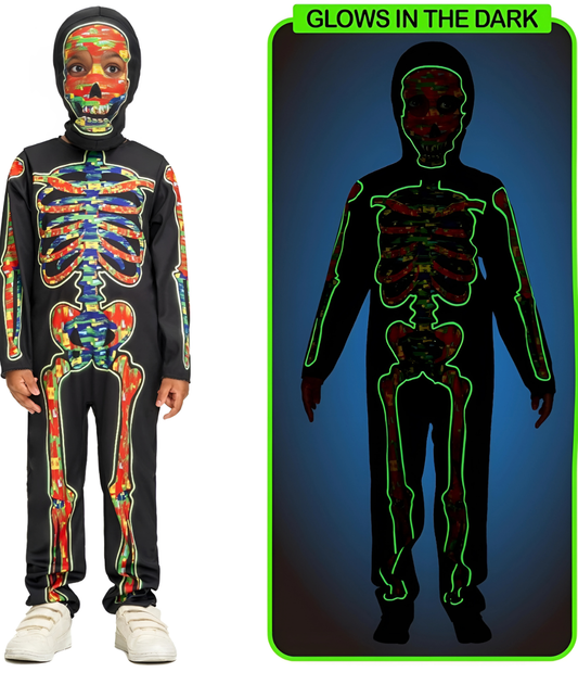 Kids Glow Skeleton Costume, Bones Skull Jumpsuit with Hood Mask Suit Halloween2