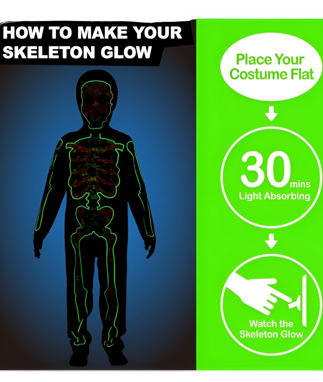 Kids Glow Skeleton Costume, Bones Skull Jumpsuit with Hood Mask Suit Halloween3