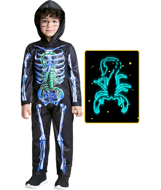 Kids Skeleton Costume Halloween, Scorpion Print Jumpsuit with Hood Glow in the Dark-set in Jordan