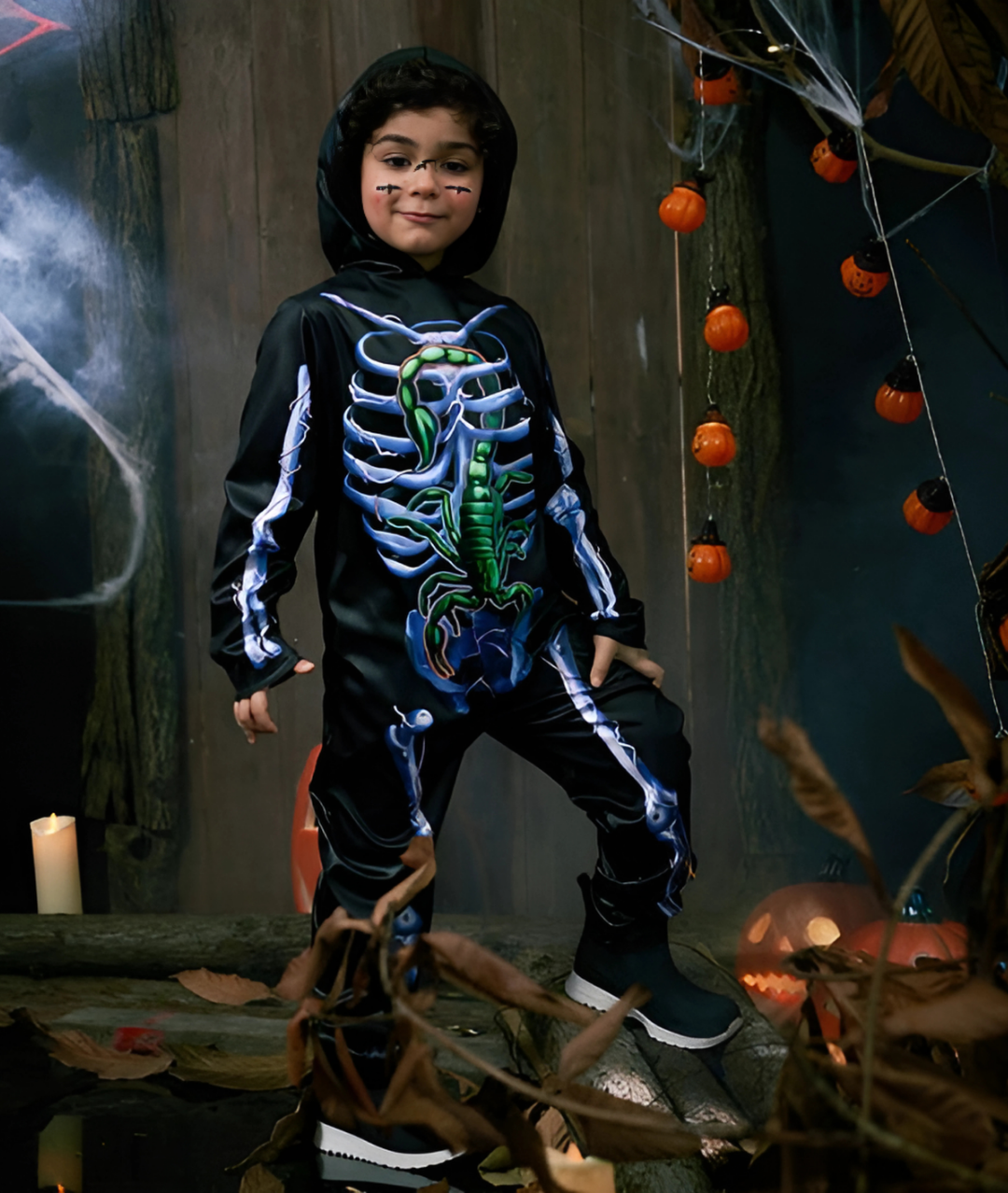 Kids Skeleton Costume Halloween, Scorpion Print Jumpsuit with Hood Glow in the Dark2