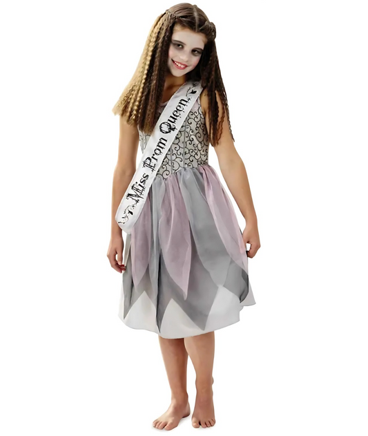 Girls Fright prom Queen Pageant Halloween Fancy Dress Costume pink and grey