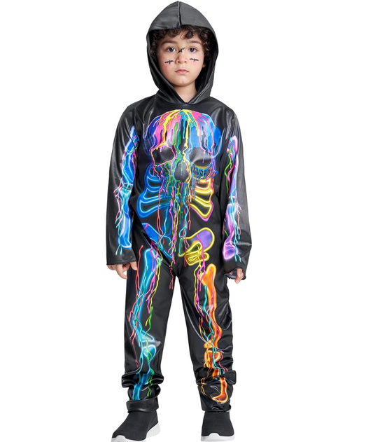 Skeleton Costume Scary Halloween Hooded Fancy Dress Up Outfit Color Face Printed Bone Costume