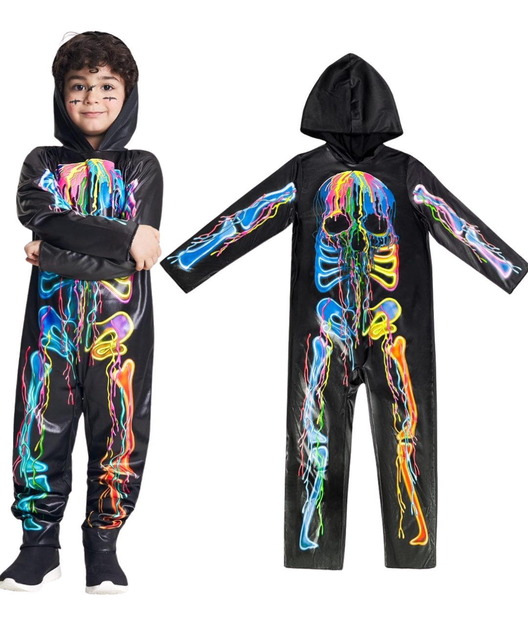 Skeleton Costume Scary Halloween Hooded Fancy Dress Up Outfit Color Face Printed Bone Costume