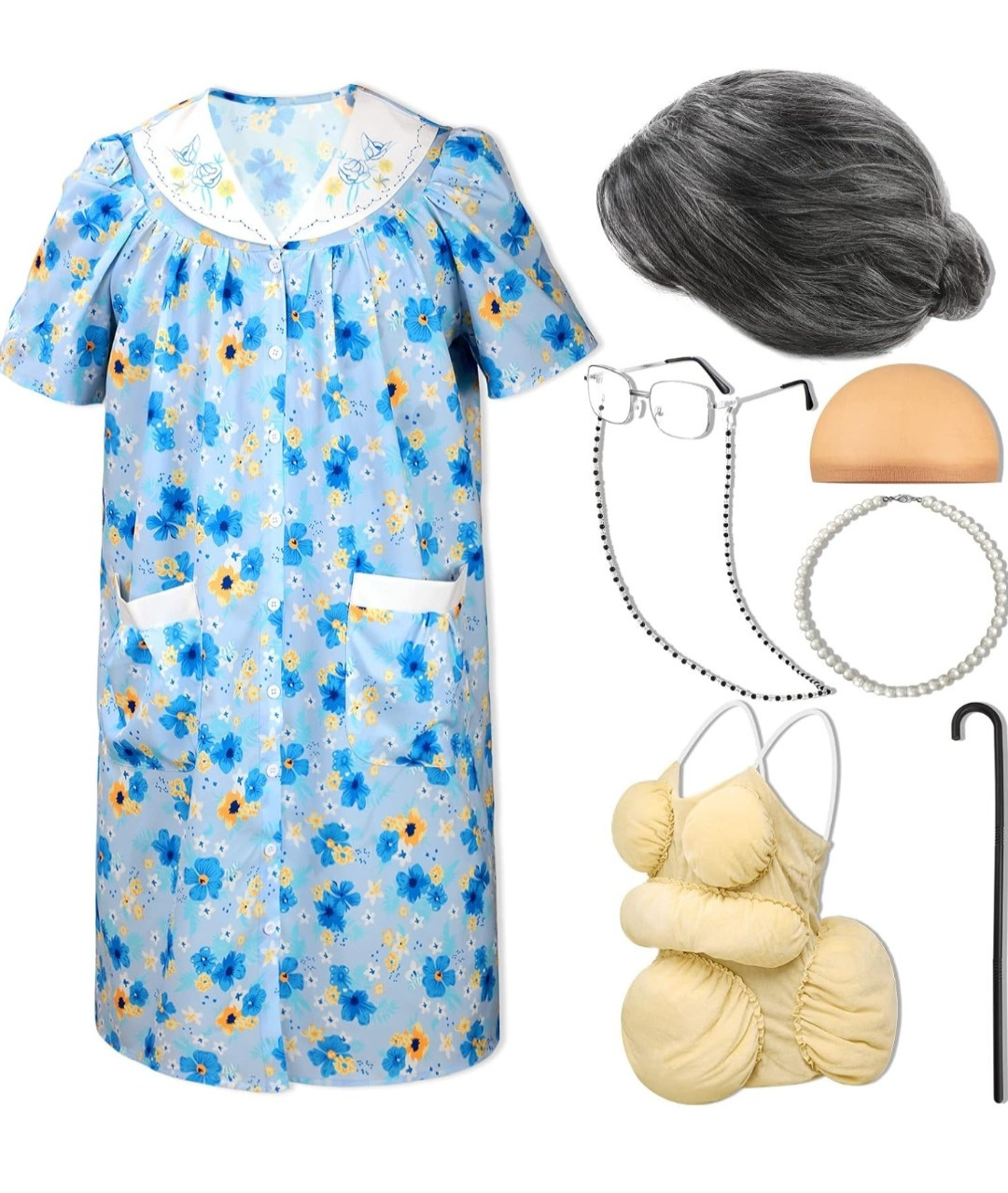 Old Lady Costume Set Blue Short Sleeve Robe Granny Cosplay Party