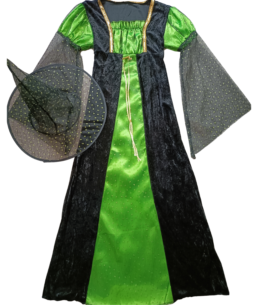 Girl Witch Halloween Costume Dress Size Large Green Black Sparkle with hat