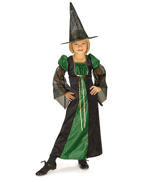 Girl Witch Halloween Costume Dress Size Large Green Black Sparkle with hat