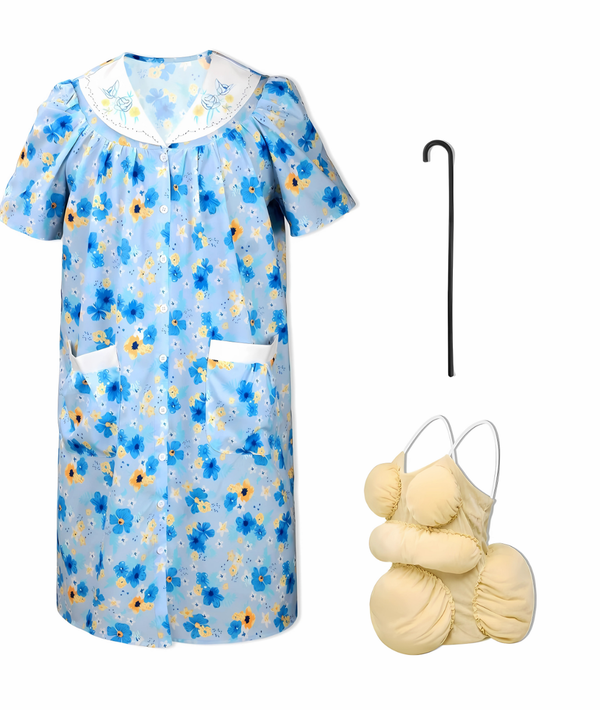 Old Lady Costume Set Blue Short Sleeve Robe Granny Cosplay Party ...