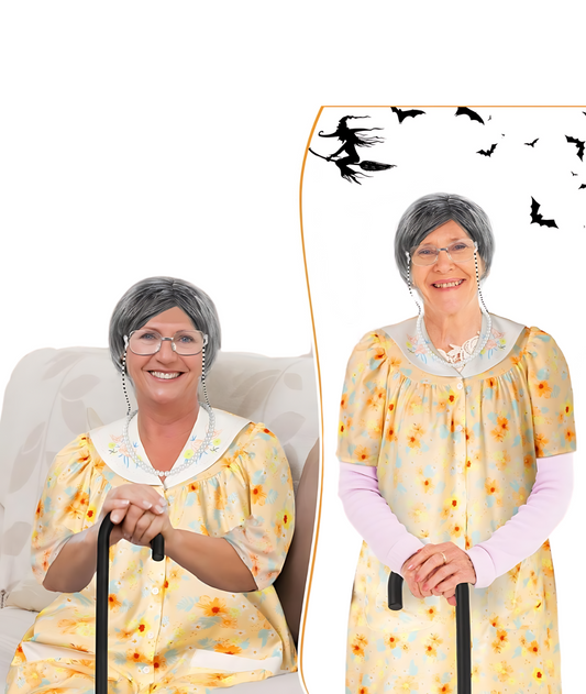Old Lady Costume Set Short Sleeve Robe Granny Wig Glasses Eyeglass Chains Pearl Beads for Cosplay Party-set in Jordan