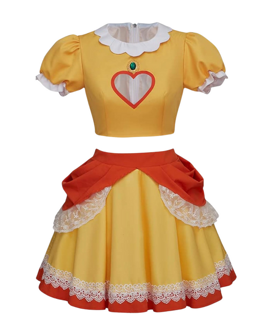 Women's Princess Daisy Cosplay Costume Yellow Outfit Crop Top with Skirt Halloween Suit-set in Jordan