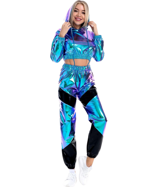 Women's Shiny Metallic Hoodie and Pants Outfits Two Piece Sets-set in Jordan