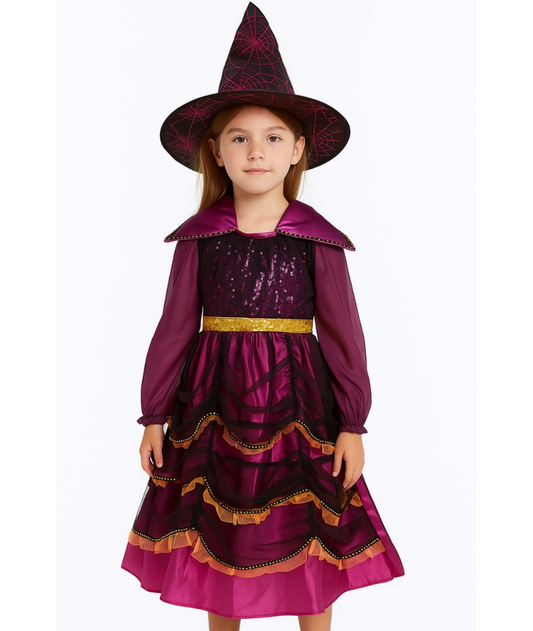 Girls Witches Pink/Black Sequin Dress Halloween Fancy Dress Costume