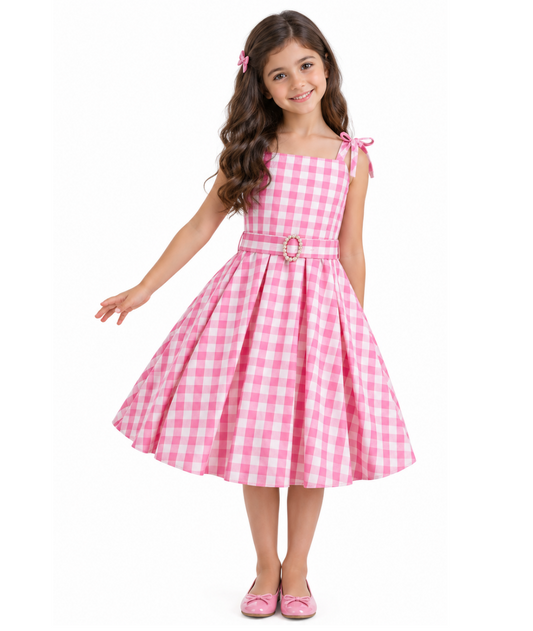 Girls Barbie Sleeveless Pink Plaid Dress