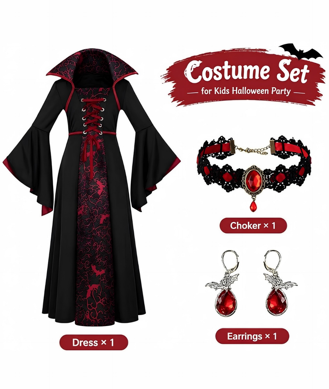 Vampire Costume Girls, Halloween Vampire Costume Set with Choker Necklace Earrings Halloween Fancy Dress Cosplay for Halloween Party