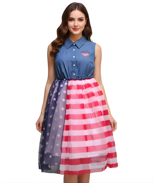 Lady's dress with an American flag colors