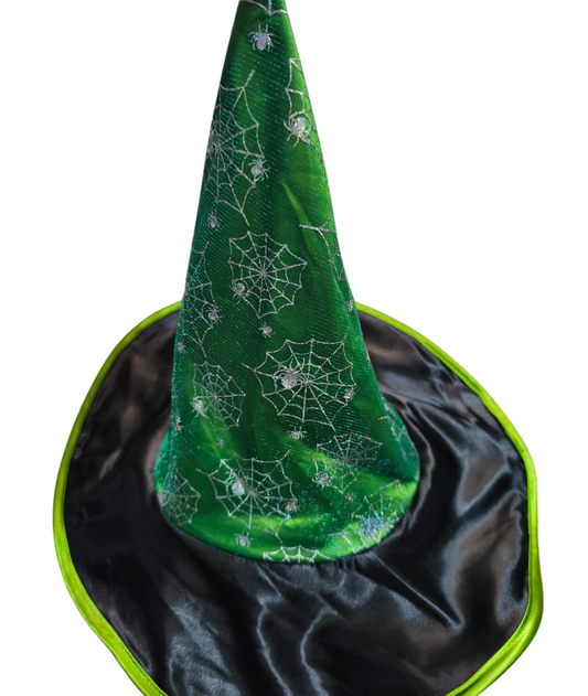 Witch Halloween hat Black and Green spiders net shape