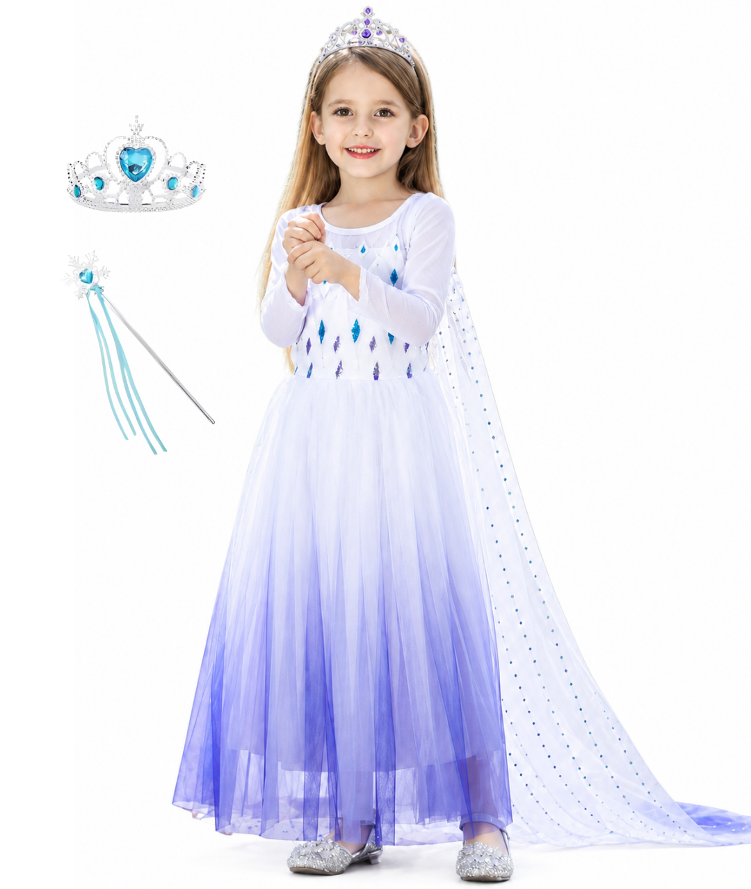 Princess Elsa Crown Magic Wand Dress Princess Costume Princess Dress Up for Girls, Deluxe Fancy Dress for Party, Bridesmaid, Parade, Halloween Cosplay