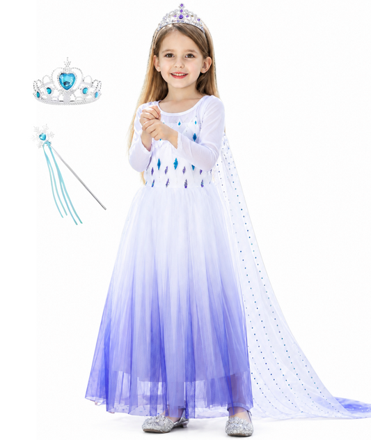 Princess Elsa Crown Magic Wand Dress Princess Costume Princess Dress Up for Girls, Deluxe Fancy Dress for Party, Bridesmaid, Parade, Halloween Cosplay