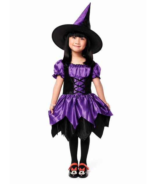 Witch costume dress with hat in black and purple