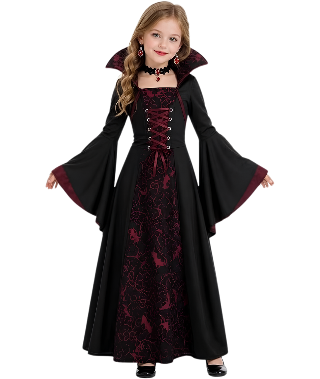 Vampire Costume Girls, Halloween Vampire Costume Set with Choker Necklace Earrings Halloween Fancy Dress Cosplay for Halloween Party