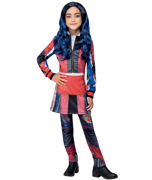 Smiffys Disney Descendants Evie Costume for Kids, All-in-One Mock Jacket and Skirt, Red and Blue, Officially Licensed with Printed Heart Details