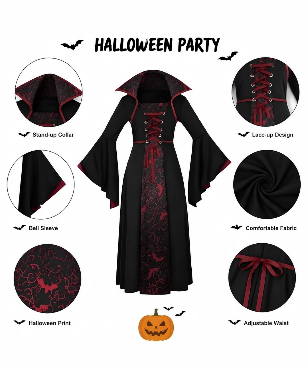 Vampire Costume Girls, Halloween Vampire Costume Set with Choker Necklace Earrings Halloween Fancy Dress Cosplay for Halloween Party