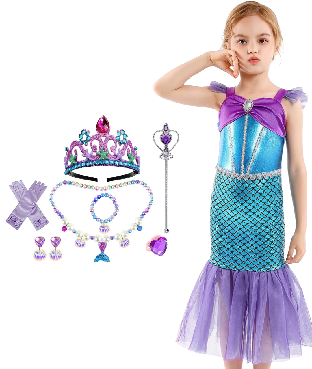 Little Mermaid Costume with accessories for Girls Princess Ariel Fancy Dress Cosplay